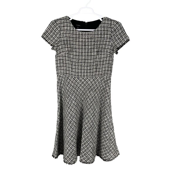 Talbots Womens 6 Tweed Black White Dress Raw Hem Houndstooth Old Money Office - Picture 8 of 16